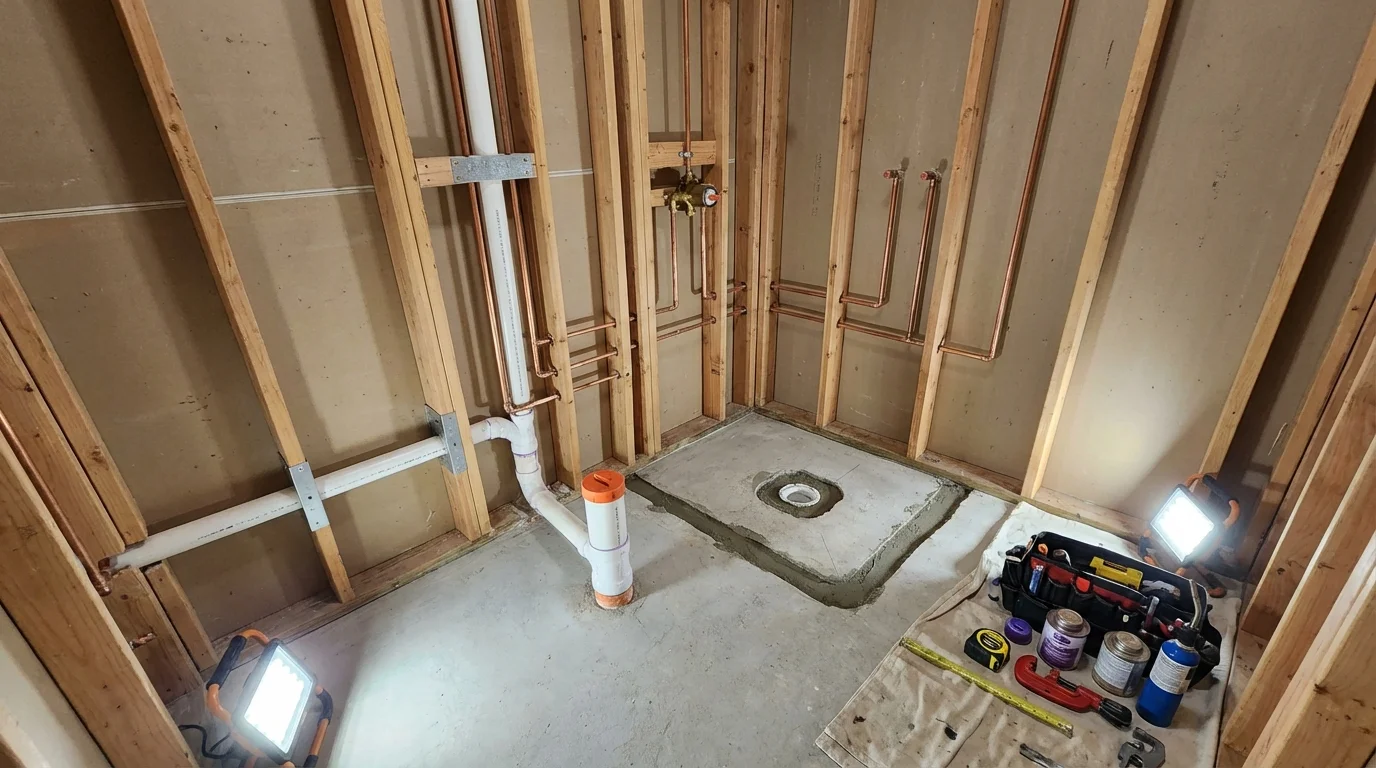 Bathroom rough-in plumbing during remodel by Johns Plumbing LLC in Wahpeton