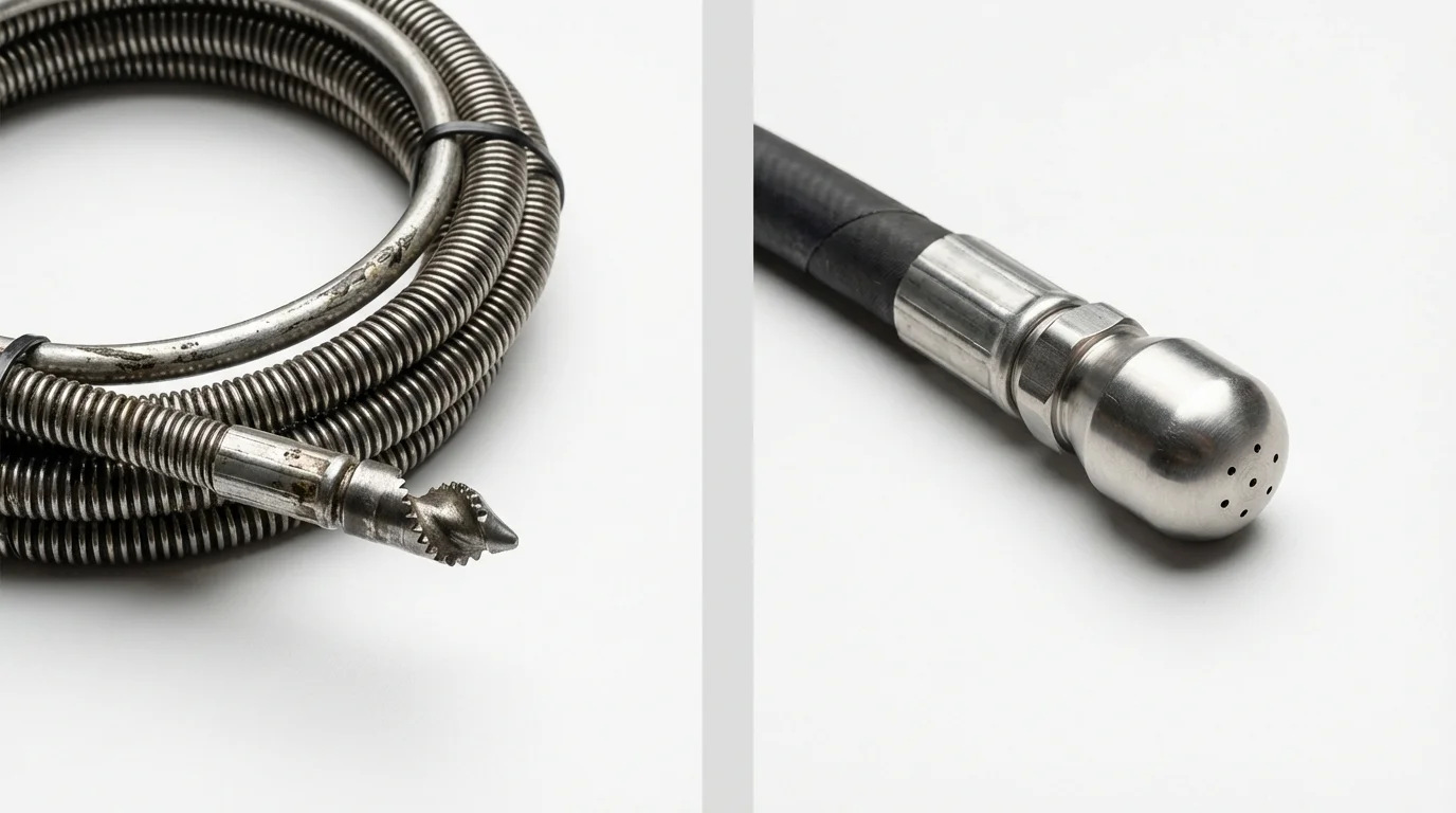 Drain snake cable and hydro jetting nozzle used for drain cleaning in Wahpeton, ND