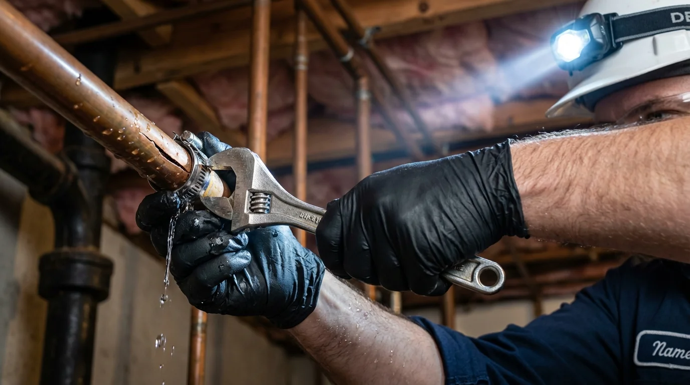 Emergency pipe clamp repair being performed by a Johns Plumbing LLC plumber in Wahpeton