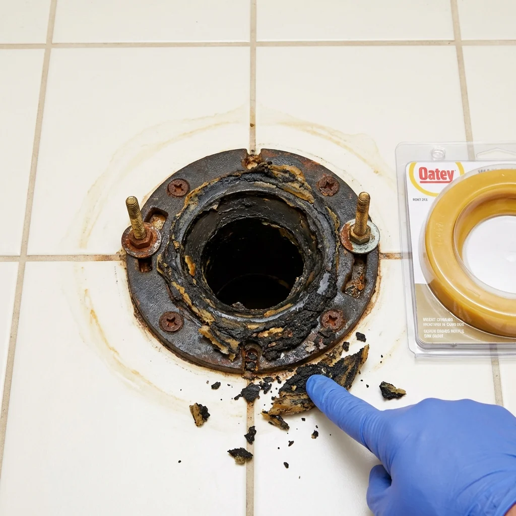 Failed wax ring showing water seepage at the base of a toilet in a Wahpeton, ND home