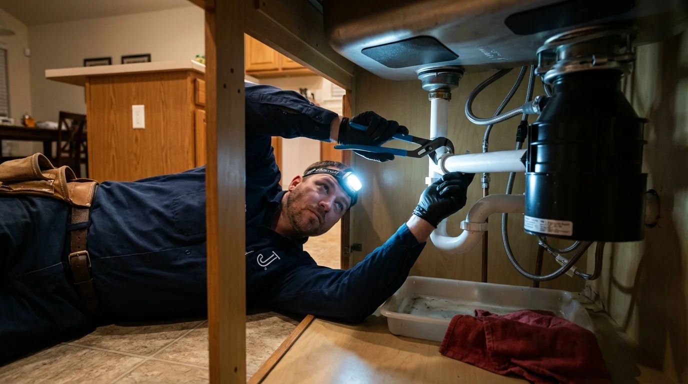P-trap and supply line connections under a kitchen sink showing a common leak point in Wahpeton, ND